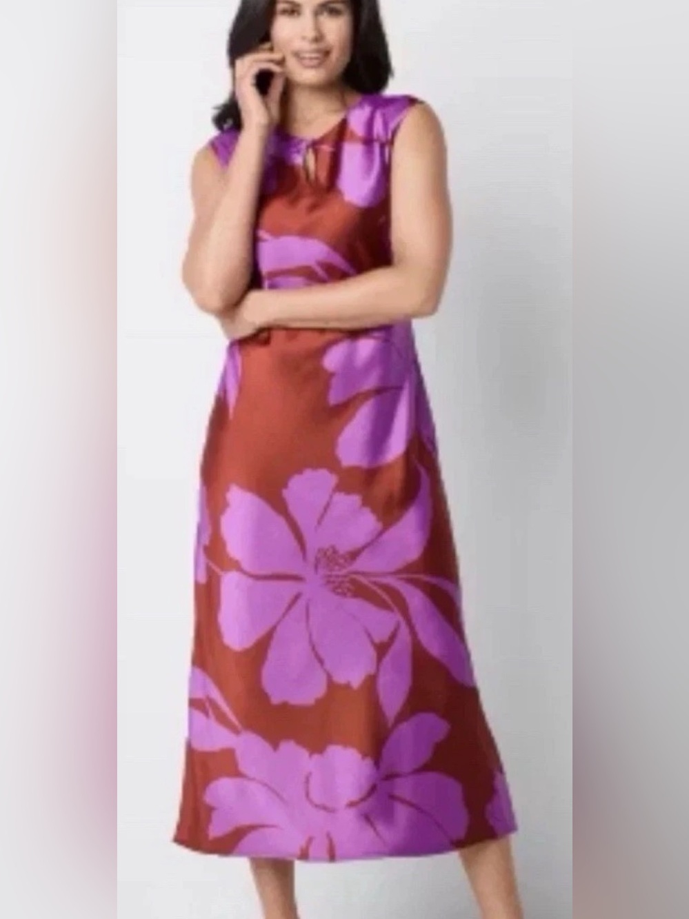 Liz Claiborne Satin Long Dress Size L Key Hole Coastal Evening Tropical Elegance